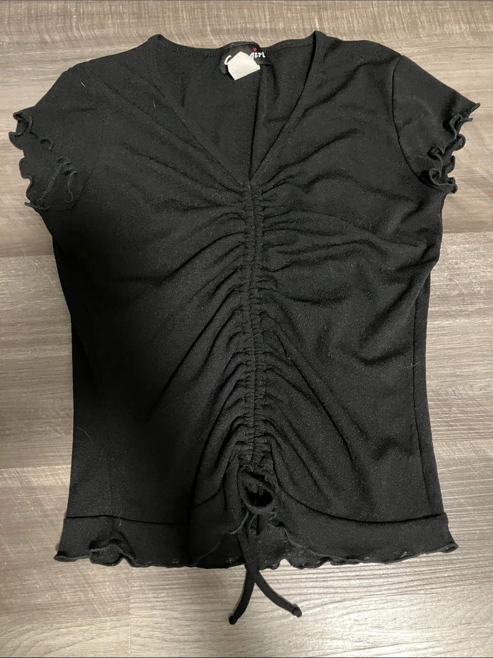 Black Ruched Drawstring Women's Top Y2K Vintage paper tag small “cute girl”